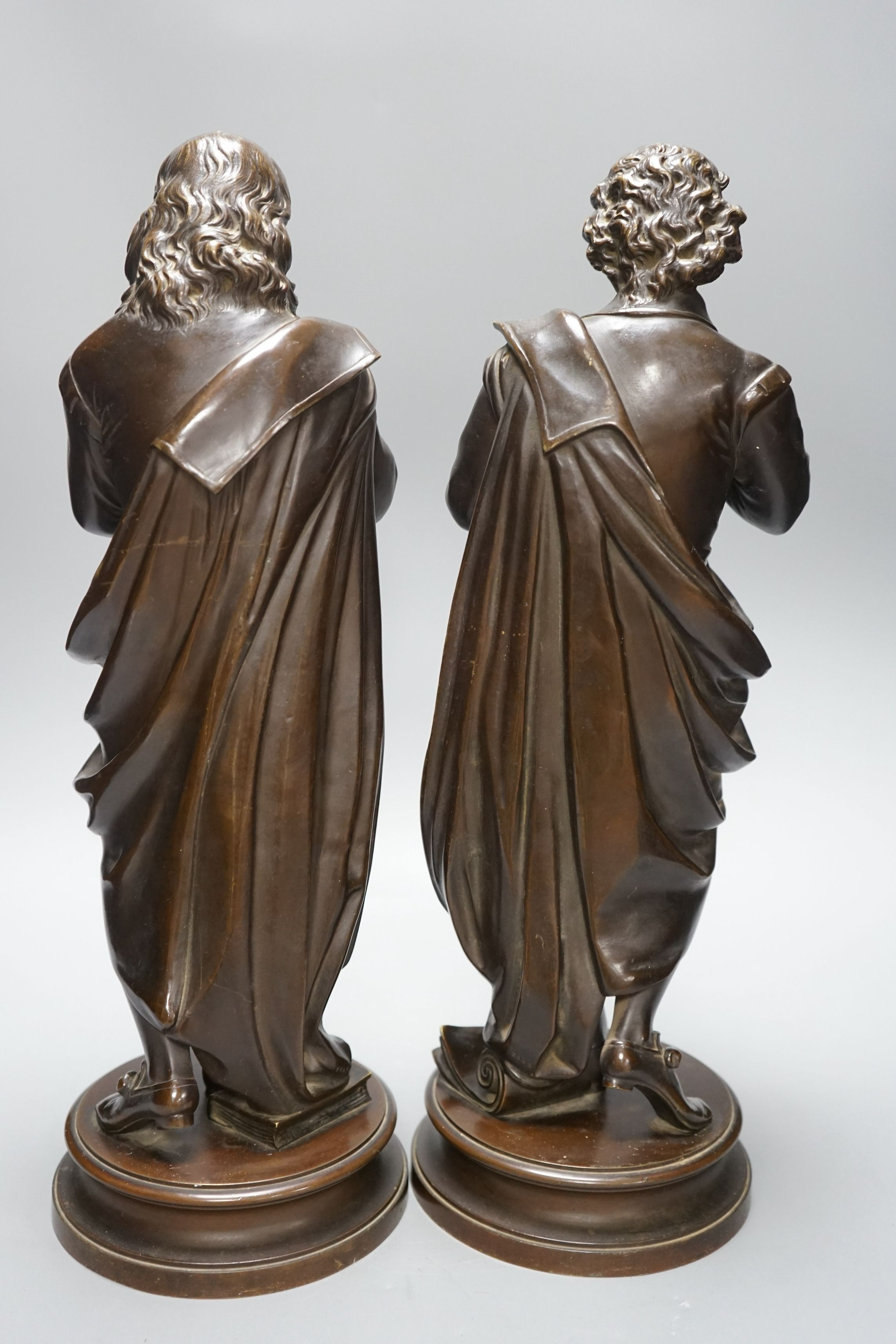 A pair of late 19th century French bronze figures of Shakespeare and Milton, tallest 44cms